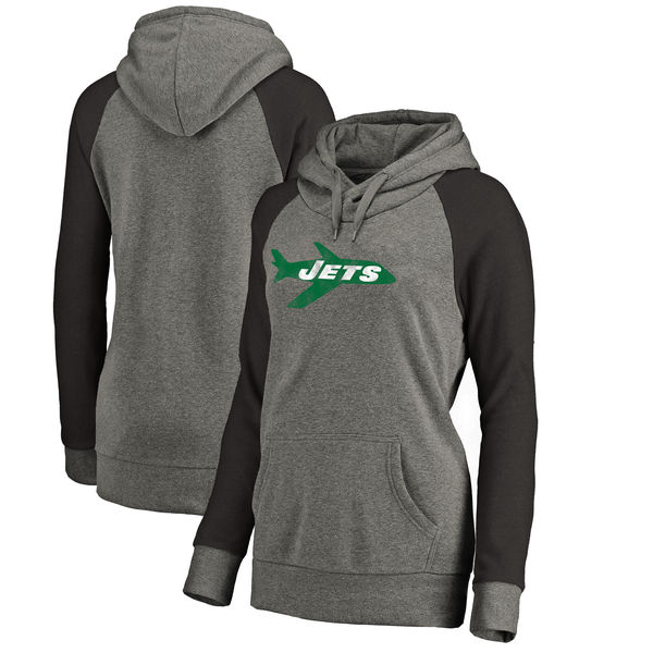 Women New York Jets NFL Pro Line by Fanatics Branded Throwback Logo Tri-Blend Raglan Plus Size Pullover Hoodie - GrayBlack